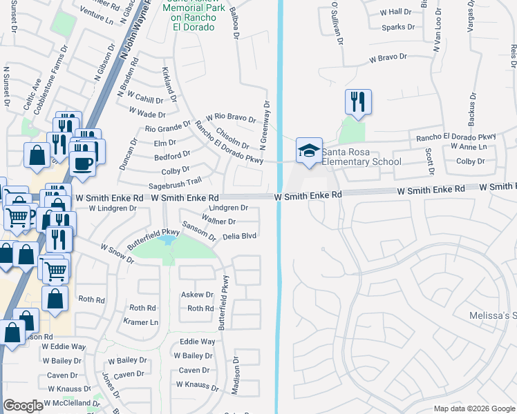 map of restaurants, bars, coffee shops, grocery stores, and more near 43180 Lindgren Drive in Maricopa