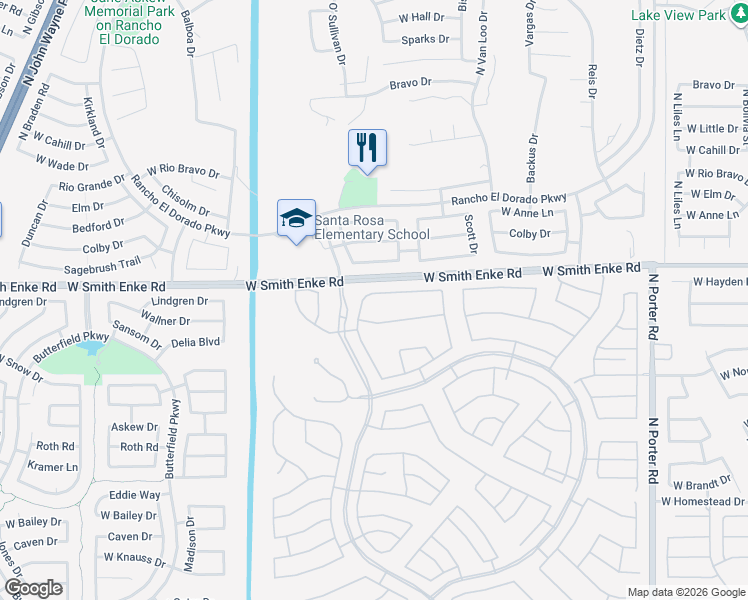 map of restaurants, bars, coffee shops, grocery stores, and more near 42593 Abbey Road in Maricopa