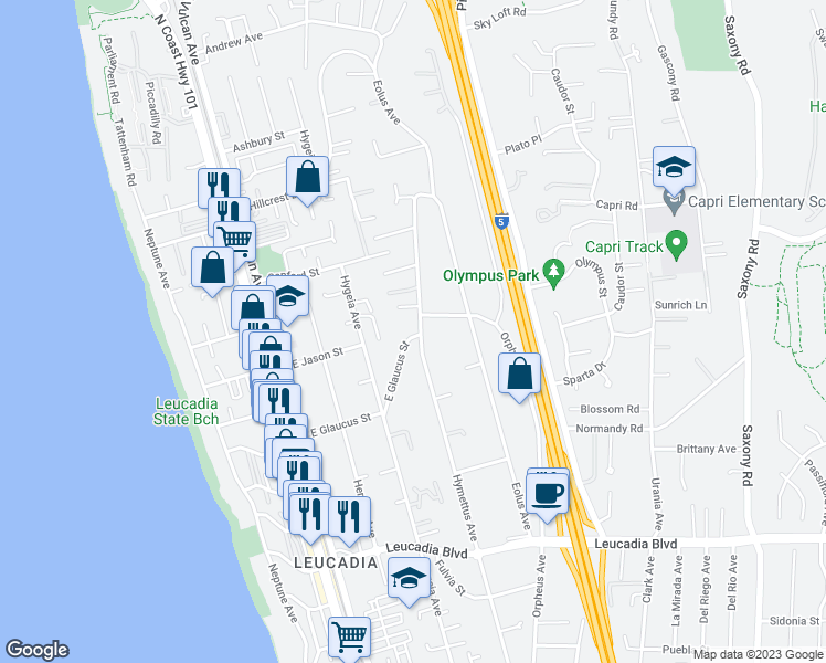 map of restaurants, bars, coffee shops, grocery stores, and more near 1306 Hymettus Avenue in Encinitas