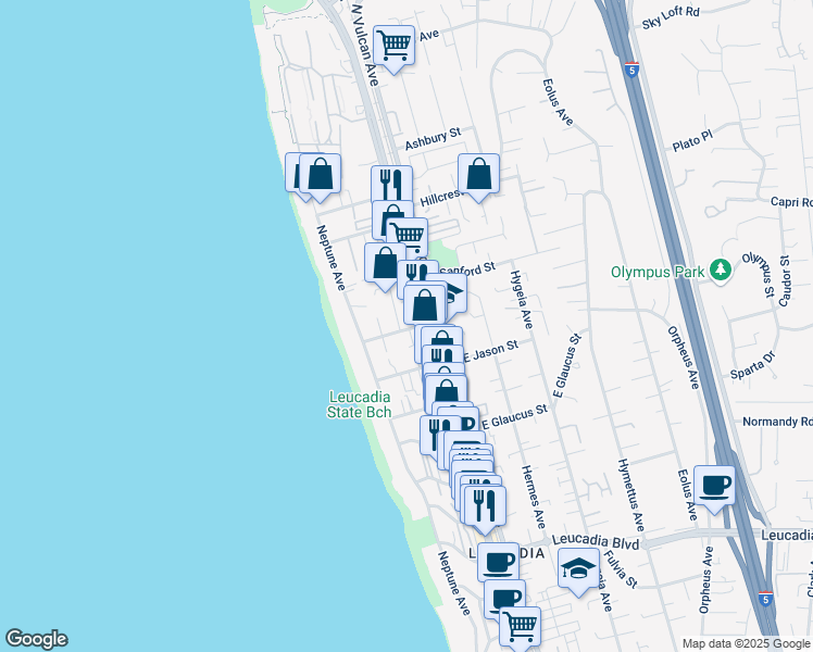 map of restaurants, bars, coffee shops, grocery stores, and more near 1405 Coop Street in Encinitas