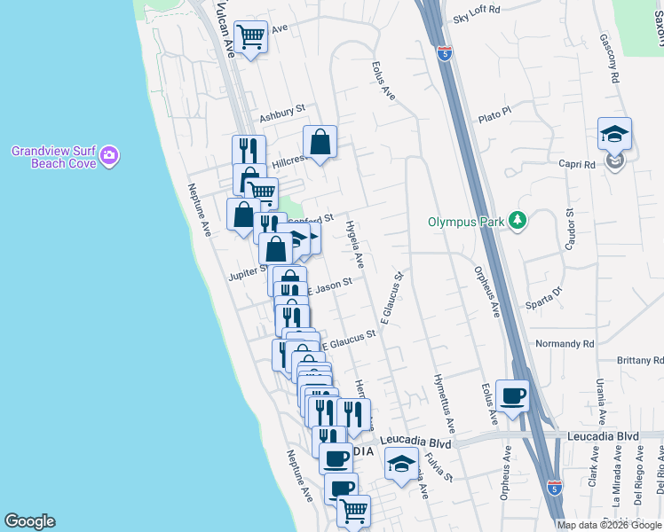 map of restaurants, bars, coffee shops, grocery stores, and more near 1350 Hygeia Avenue in Encinitas
