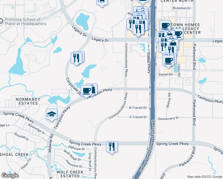 map of restaurants, bars, coffee shops, grocery stores, and more near 6160 Bicycle Route 60 in Plano