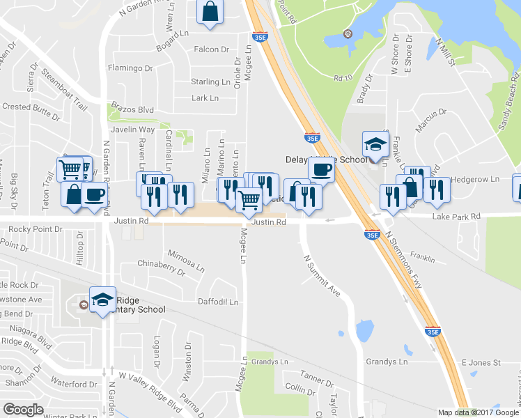 map of restaurants, bars, coffee shops, grocery stores, and more near 1297 Farm to Market 407 in Northlake