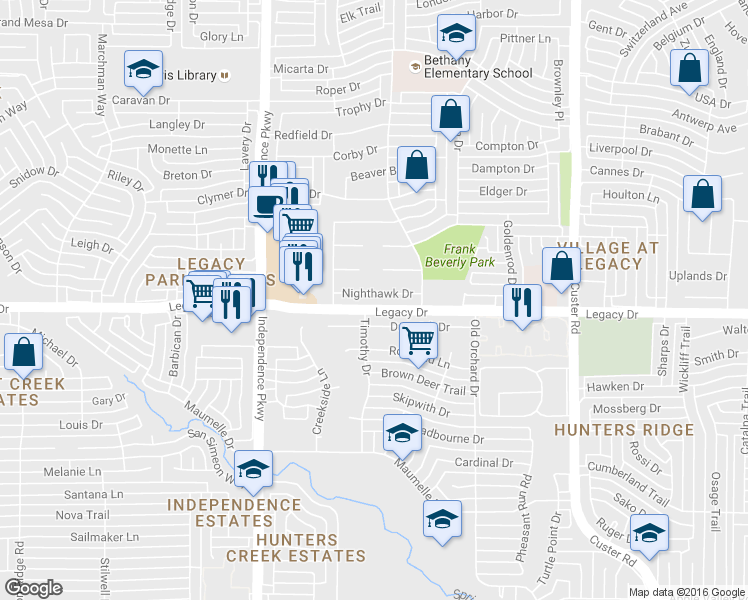 map of restaurants, bars, coffee shops, grocery stores, and more near 2608 Nighthawk Drive in Plano