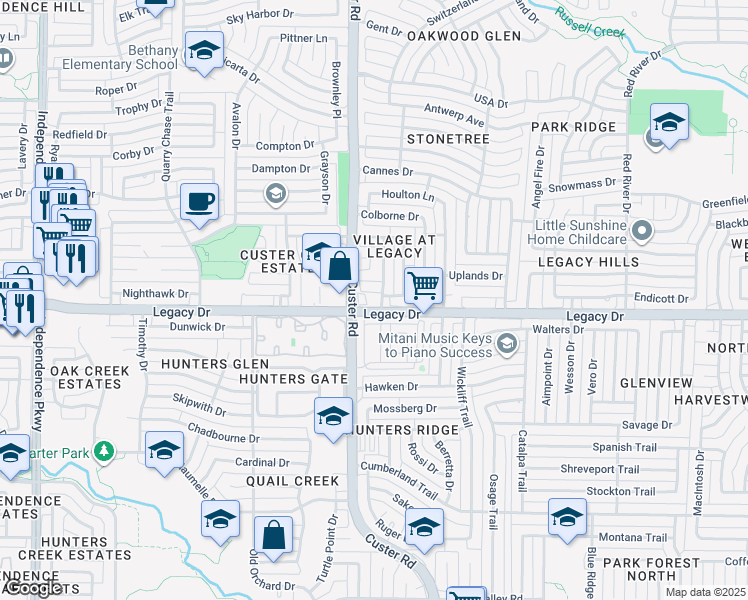 map of restaurants, bars, coffee shops, grocery stores, and more near 2117 Legacy Drive in Plano