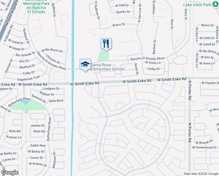 map of restaurants, bars, coffee shops, grocery stores, and more near 42521 Abbey Road in Maricopa