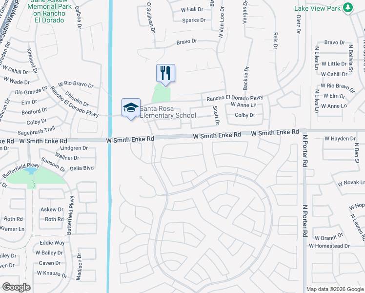 map of restaurants, bars, coffee shops, grocery stores, and more near 42521 Abbey Road in Maricopa