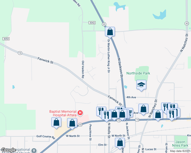 map of restaurants, bars, coffee shops, grocery stores, and more near 200 Wildwood Terrace in Kosciusko