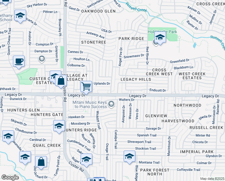 map of restaurants, bars, coffee shops, grocery stores, and more near 1900 Kiestwood Circle in Plano