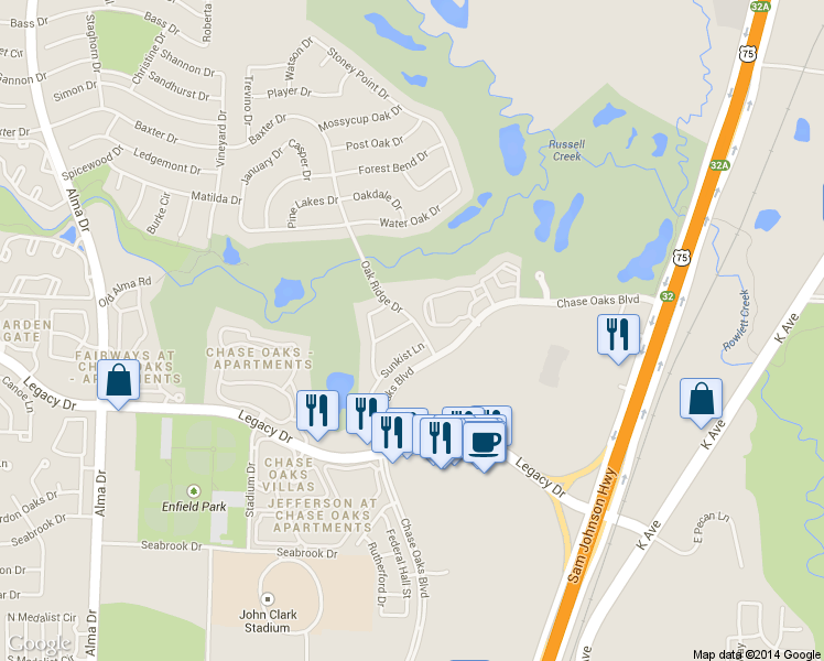 map of restaurants, bars, coffee shops, grocery stores, and more near 700 Shallow Creek Lane in Plano