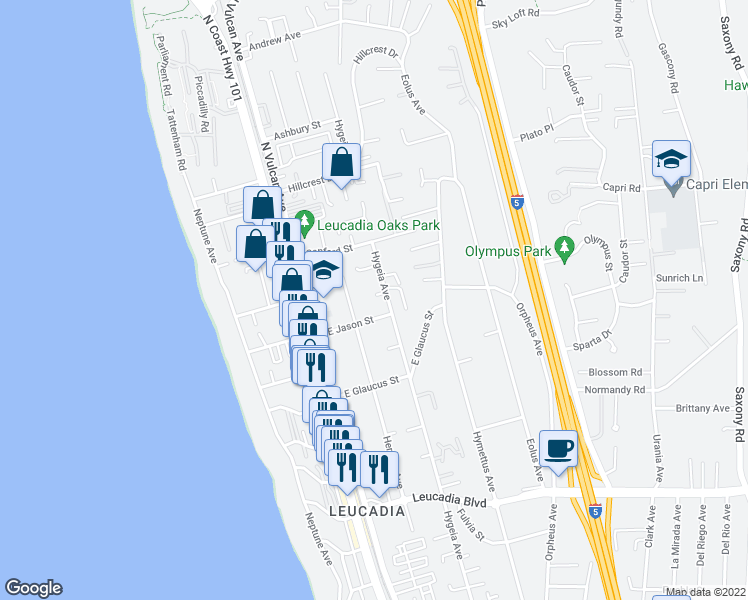 map of restaurants, bars, coffee shops, grocery stores, and more near 1350 Hygeia Avenue in Encinitas
