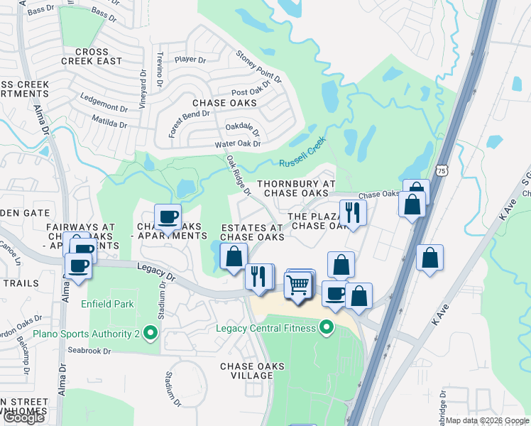 map of restaurants, bars, coffee shops, grocery stores, and more near 700 Shallow Creek Lane in Plano