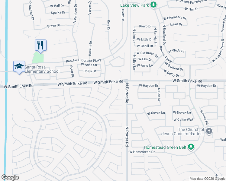 map of restaurants, bars, coffee shops, grocery stores, and more near 21093 North Evergreen Drive in Maricopa