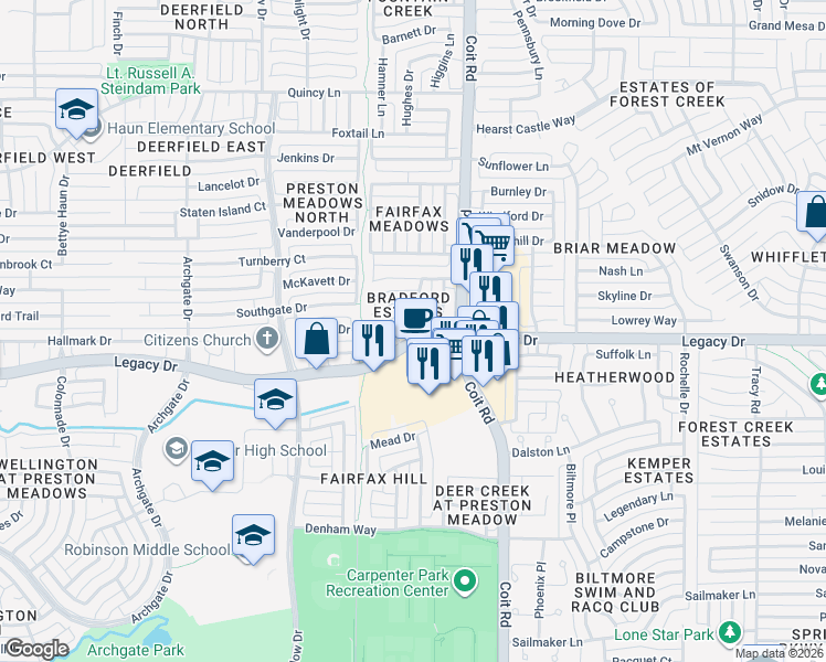 map of restaurants, bars, coffee shops, grocery stores, and more near 4104 Los Altos Drive in Plano