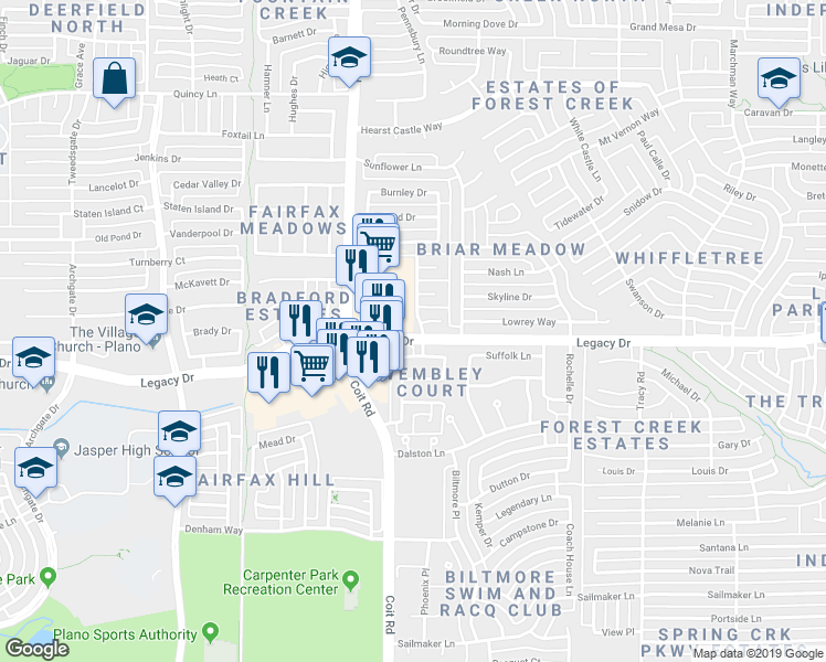 map of restaurants, bars, coffee shops, grocery stores, and more near 7001 Fallkirk Drive in Plano