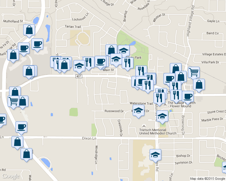 map of restaurants, bars, coffee shops, grocery stores, and more near 2505 Brandywine Drive in Flower Mound