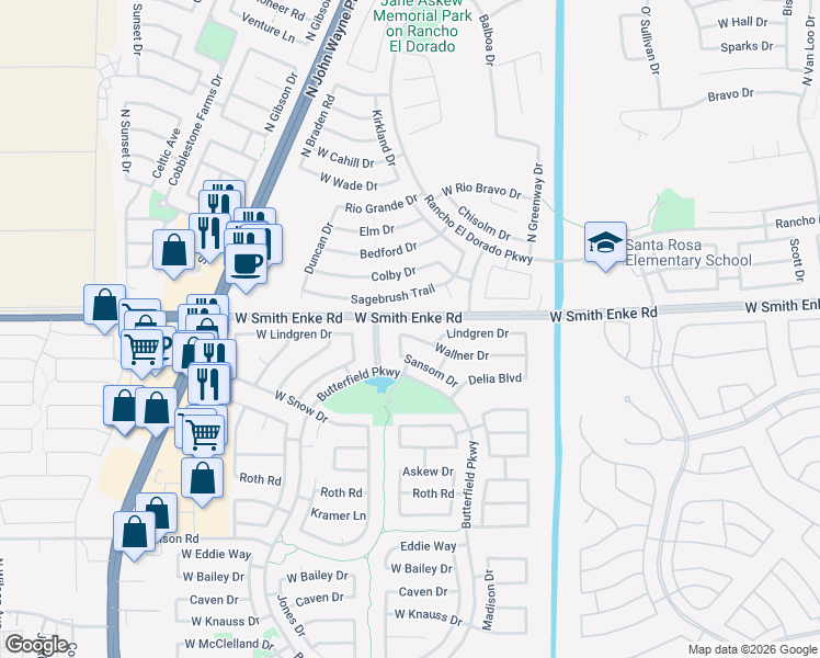 map of restaurants, bars, coffee shops, grocery stores, and more near 43606 Wallner Drive in Maricopa