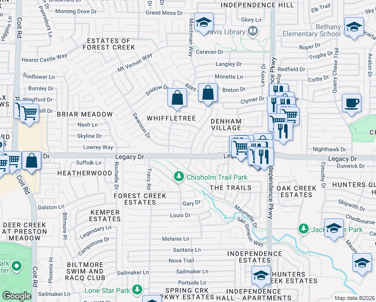 map of restaurants, bars, coffee shops, grocery stores, and more near 3300 Swanson Drive in Plano