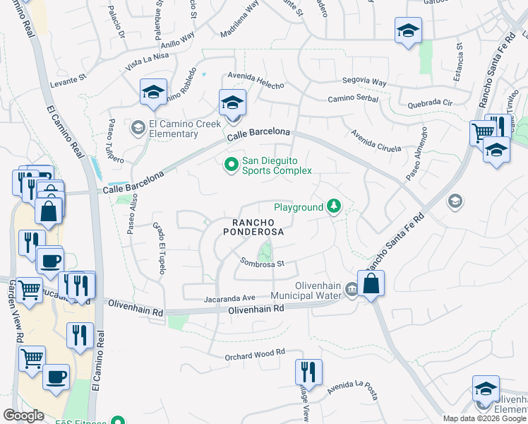 map of restaurants, bars, coffee shops, grocery stores, and more near 7916 El Astillero Place in Carlsbad