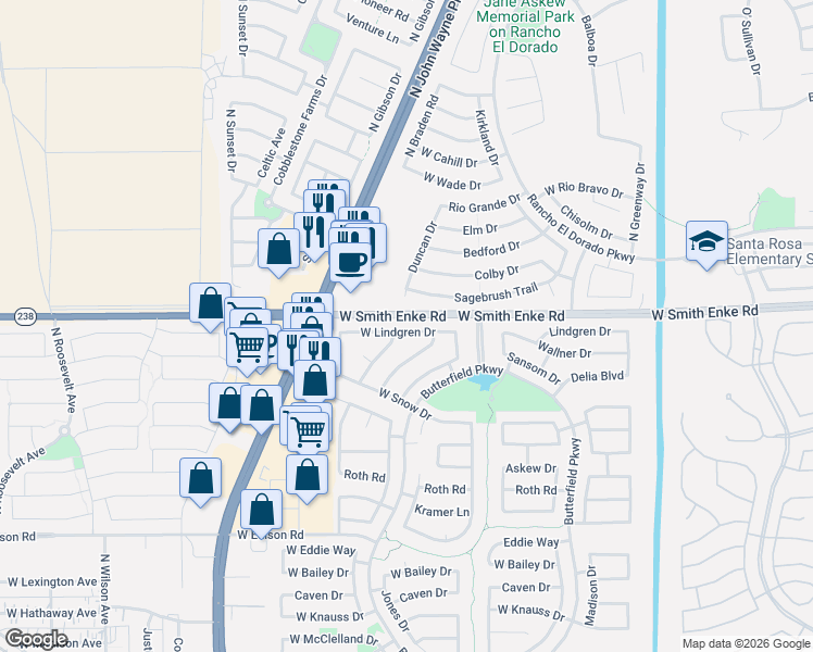 map of restaurants, bars, coffee shops, grocery stores, and more near 44002 West Lindgren Drive in Maricopa