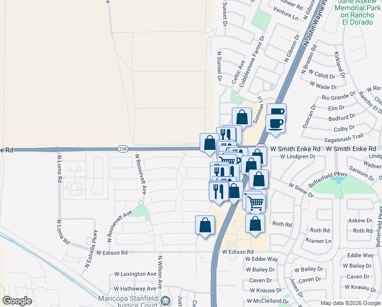 map of restaurants, bars, coffee shops, grocery stores, and more near 44868 Paraiso Lane in Maricopa