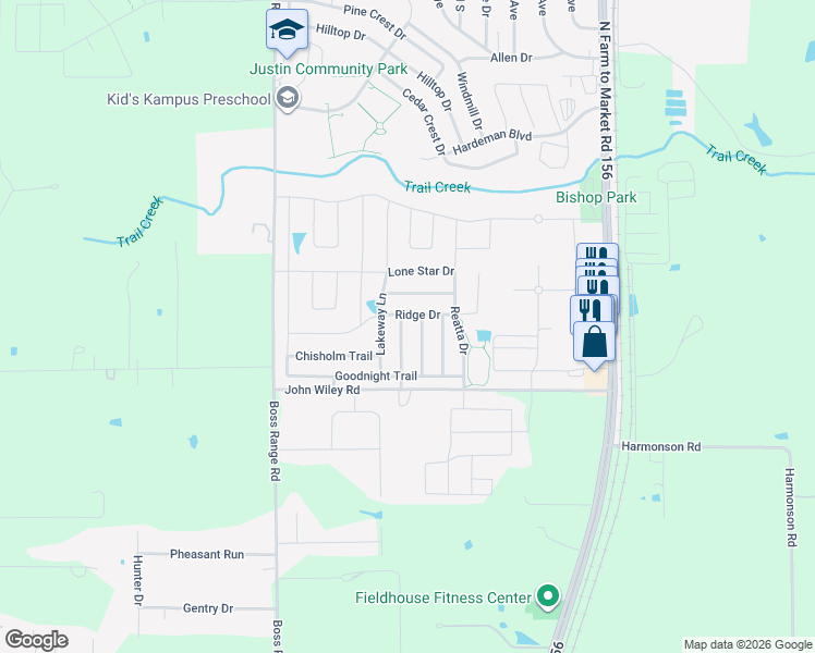 map of restaurants, bars, coffee shops, grocery stores, and more near 116 Sierra Trail in Justin