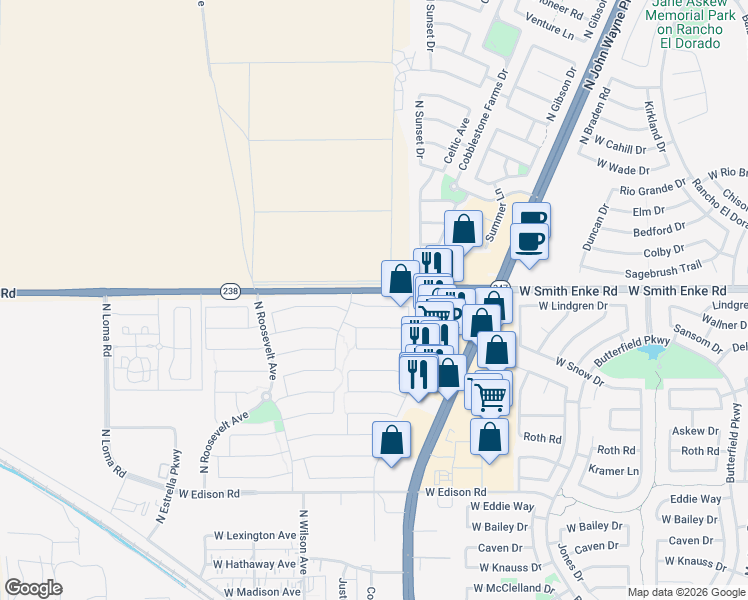 map of restaurants, bars, coffee shops, grocery stores, and more near 44868 Paraiso Lane in Maricopa
