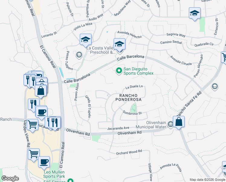 map of restaurants, bars, coffee shops, grocery stores, and more near 7919 Las Nueces Place in Carlsbad