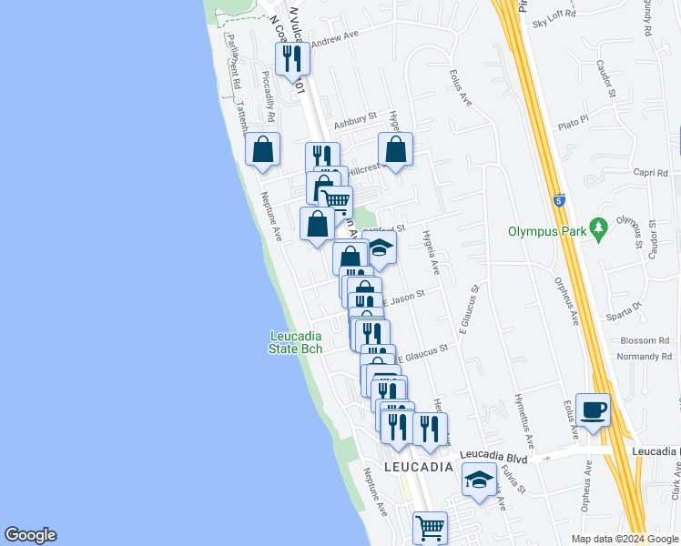 map of restaurants, bars, coffee shops, grocery stores, and more near 1405 Coop Street in Encinitas