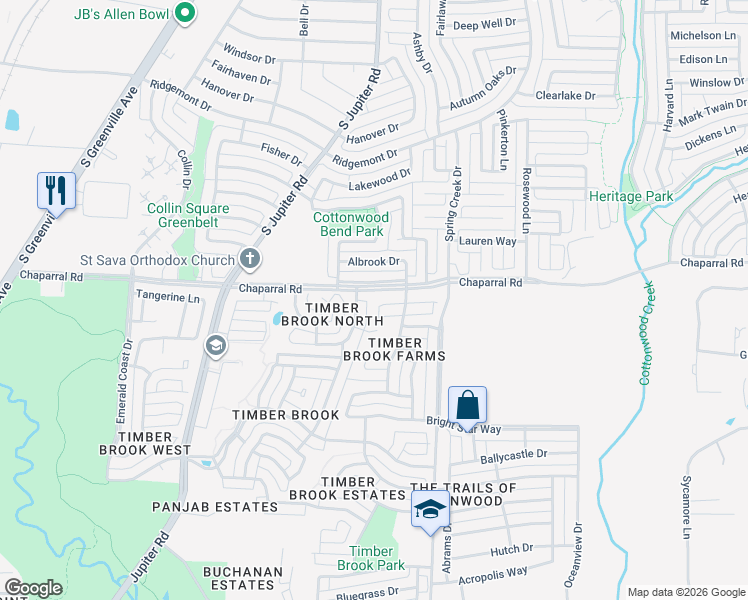 map of restaurants, bars, coffee shops, grocery stores, and more near 3309 Silent Oak Lane in Plano