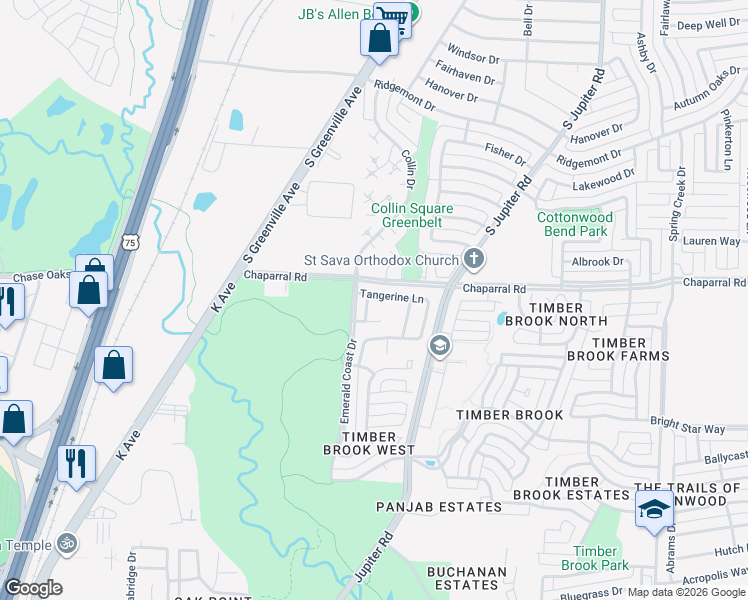 map of restaurants, bars, coffee shops, grocery stores, and more near 7216 Petersburg Drive in Plano