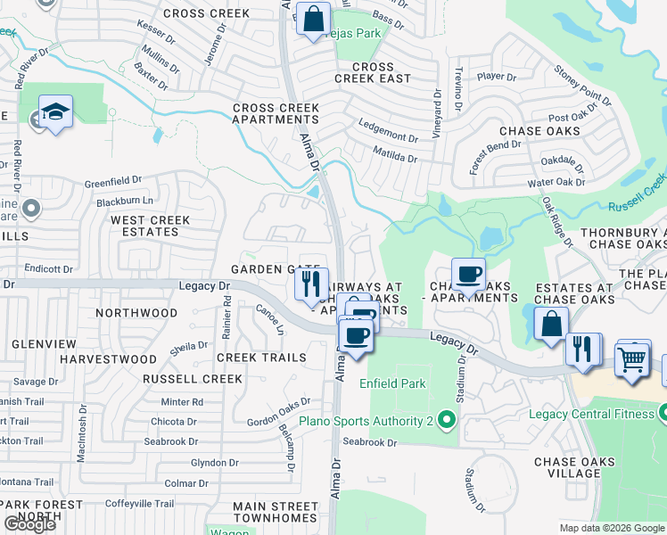 map of restaurants, bars, coffee shops, grocery stores, and more near 7120 Wolfmont Lane in Plano