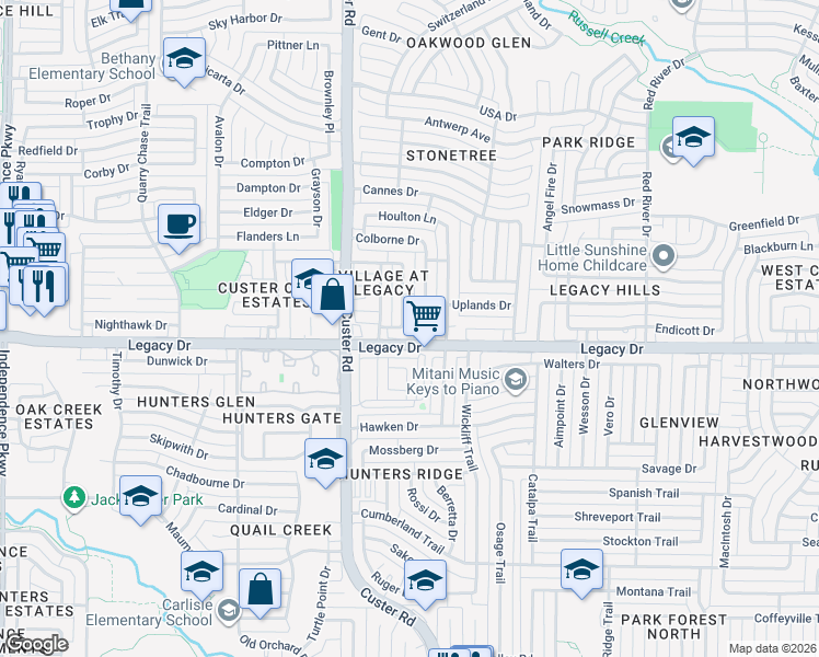map of restaurants, bars, coffee shops, grocery stores, and more near 2104 Harris Place in Plano