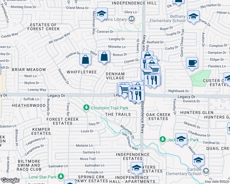 map of restaurants, bars, coffee shops, grocery stores, and more near 3208 Blenheim Court in Plano