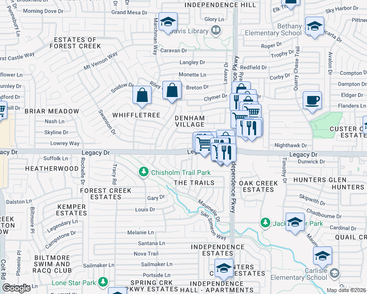 map of restaurants, bars, coffee shops, grocery stores, and more near 3208 Blenheim Court in Plano
