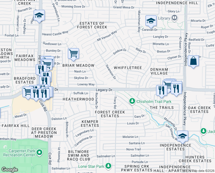 map of restaurants, bars, coffee shops, grocery stores, and more near 3604 Lowrey Way in Plano