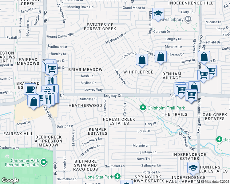 map of restaurants, bars, coffee shops, grocery stores, and more near 3604 Lowrey Way in Plano
