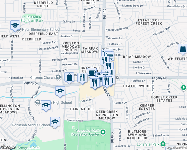 map of restaurants, bars, coffee shops, grocery stores, and more near 4104 Los Altos Drive in Plano