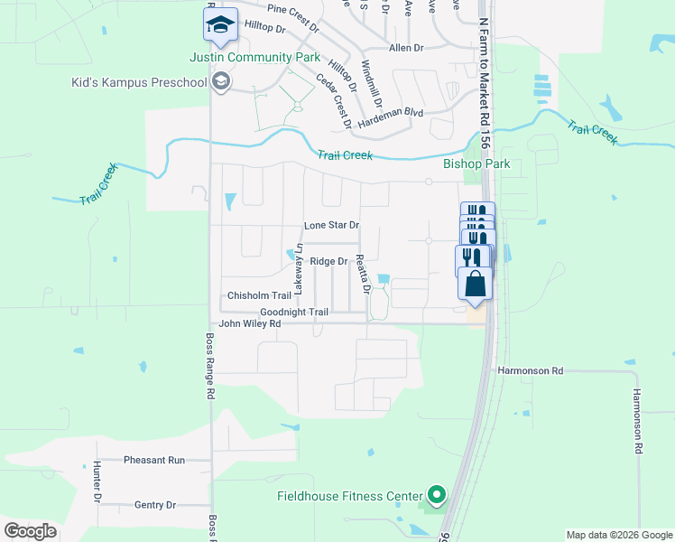 map of restaurants, bars, coffee shops, grocery stores, and more near 116 Sierra Trail in Justin