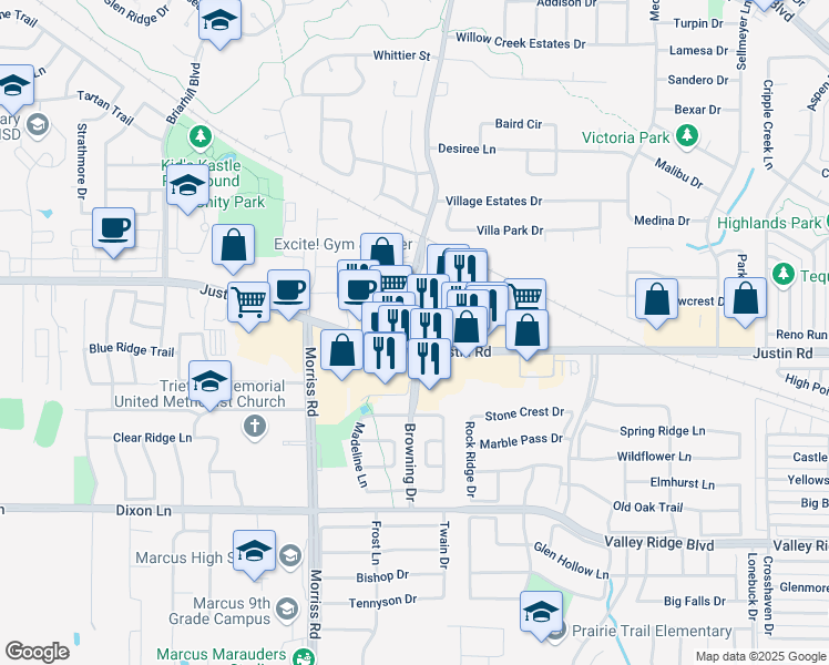 map of restaurants, bars, coffee shops, grocery stores, and more near 2260/22 Highland Village Road in Lewisville