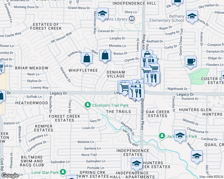 map of restaurants, bars, coffee shops, grocery stores, and more near 3208 Blenheim Court in Plano