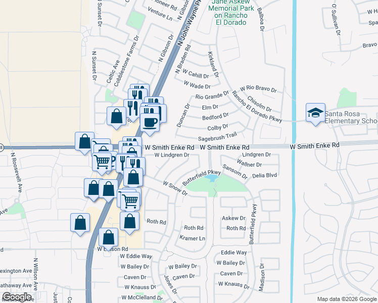 map of restaurants, bars, coffee shops, grocery stores, and more near 43890 West Lindgren Drive in Maricopa