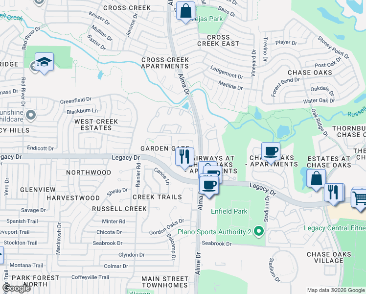 map of restaurants, bars, coffee shops, grocery stores, and more near 929 Cypress Creek Drive in Plano