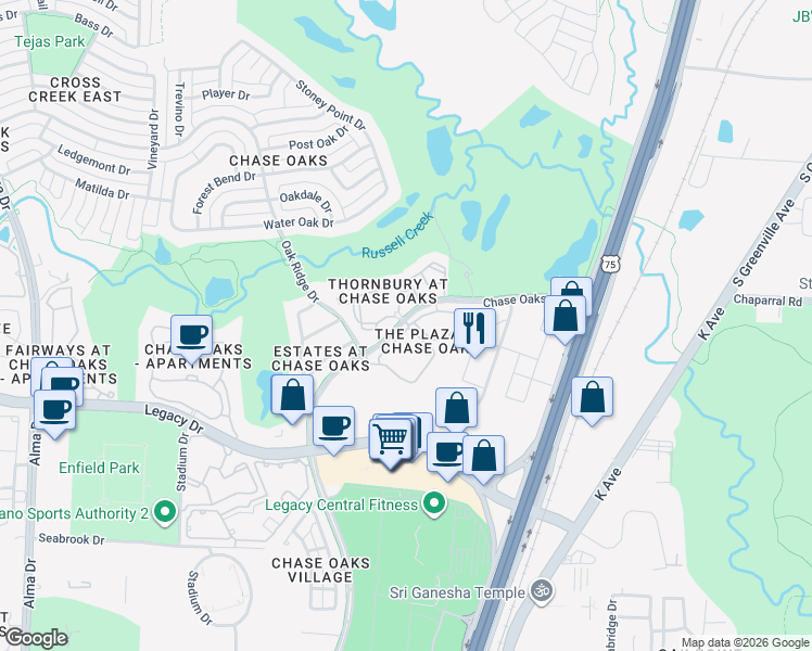 map of restaurants, bars, coffee shops, grocery stores, and more near 15 Chase Oaks Golf Club in Plano