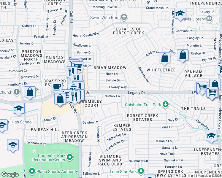 map of restaurants, bars, coffee shops, grocery stores, and more near 3808 Lowrey Way in Plano