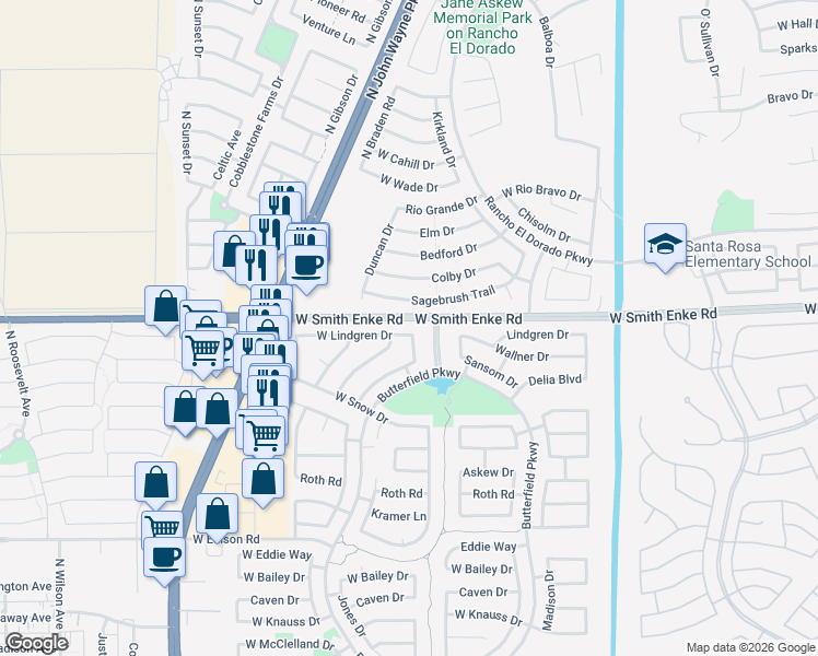 map of restaurants, bars, coffee shops, grocery stores, and more near 43890 West Lindgren Drive in Maricopa