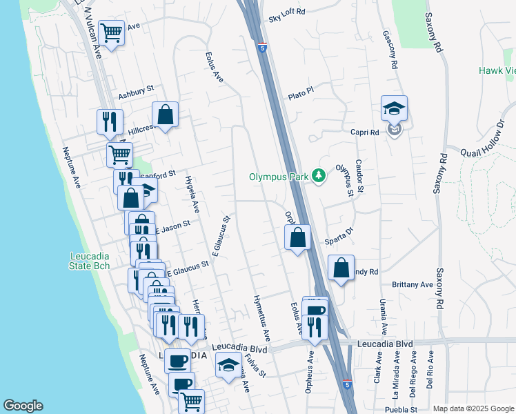 map of restaurants, bars, coffee shops, grocery stores, and more near 465 East Glaucus Street in Encinitas