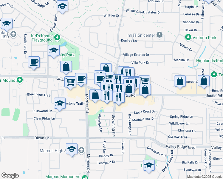 map of restaurants, bars, coffee shops, grocery stores, and more near 2260/22 Highland Village Road in Lewisville