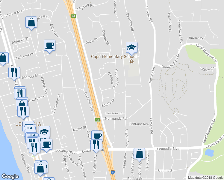 map of restaurants, bars, coffee shops, grocery stores, and more near 735 Caudor Street in Encinitas