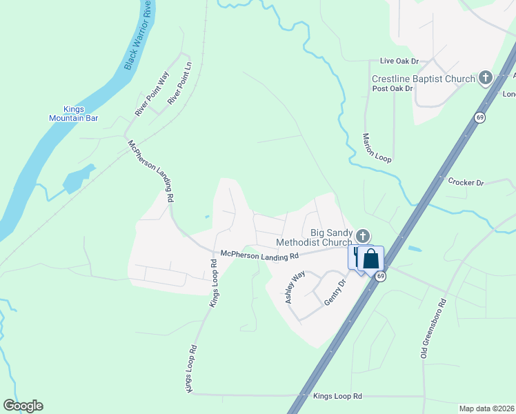 map of restaurants, bars, coffee shops, grocery stores, and more near 14227 Southland Drive in Tuscaloosa